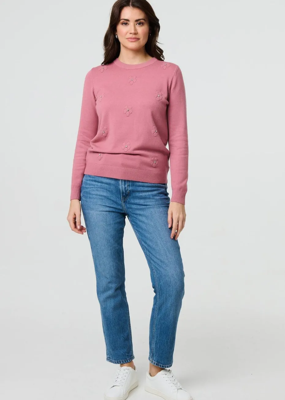 Izabel London Blush Floral Gemstone Embellished Jumper