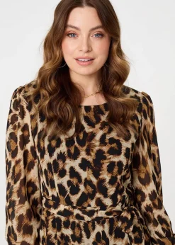 Izabel London Brown Animal Print Sheer Layered Maxi Dress