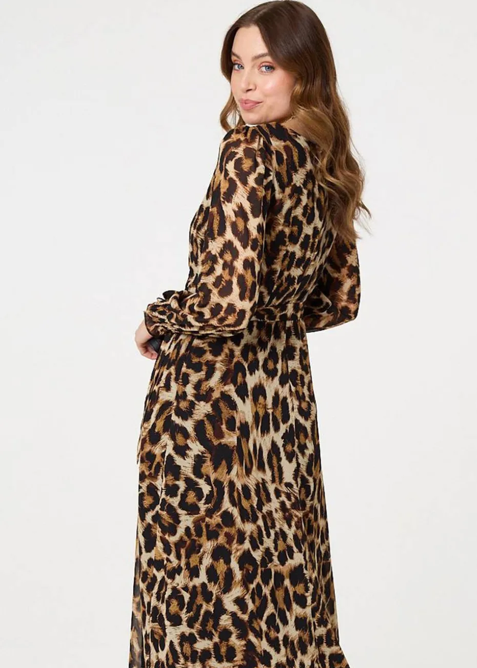 Izabel London Brown Animal Print Sheer Layered Maxi Dress