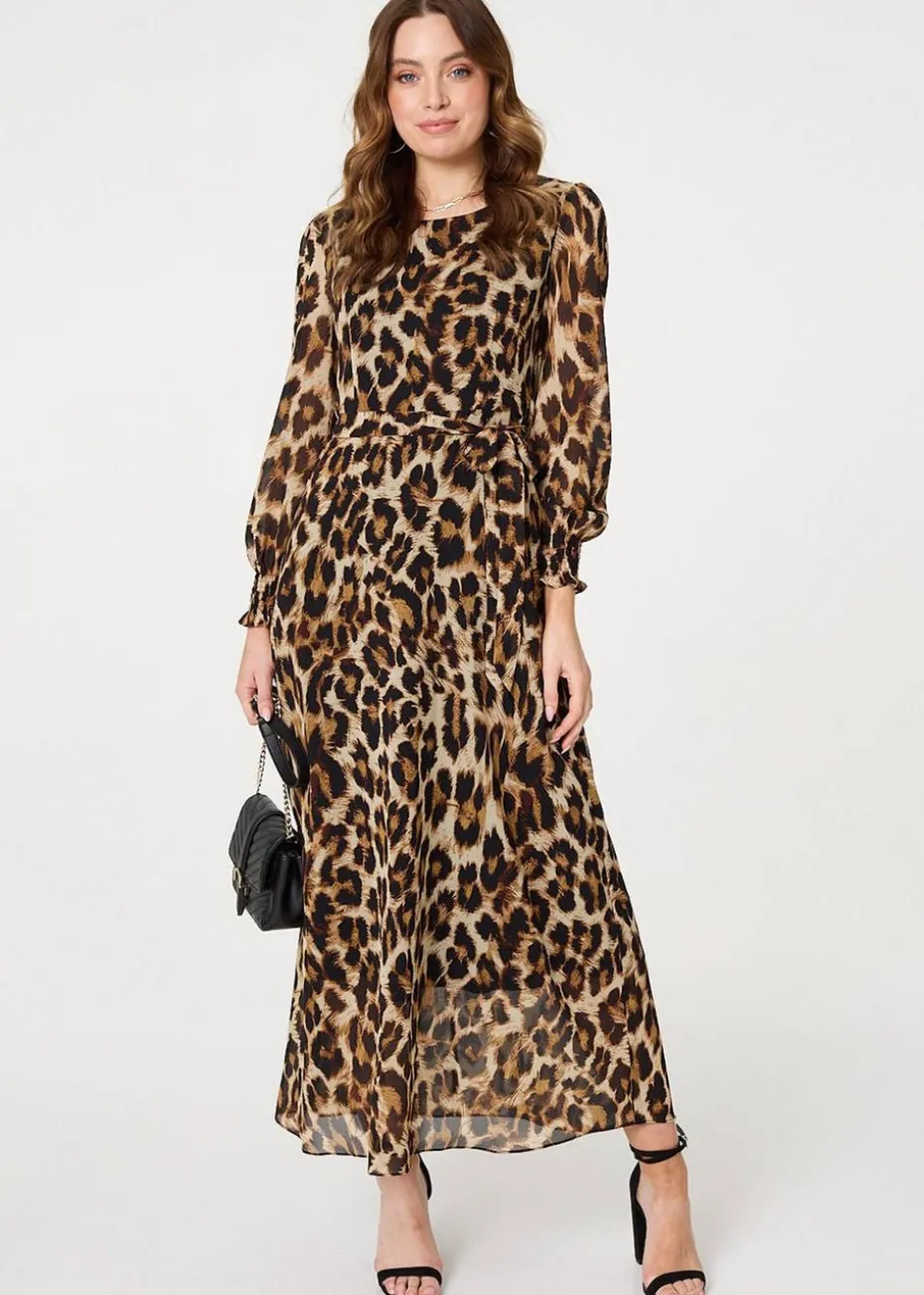 Izabel London Brown Animal Print Sheer Layered Maxi Dress