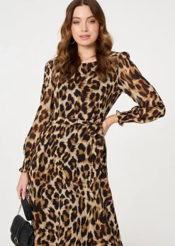 Izabel London Brown Animal Print Sheer Layered Maxi Dress