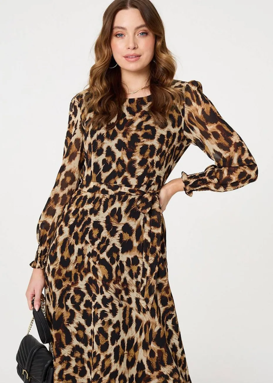 Izabel London Brown Animal Print Sheer Layered Maxi Dress