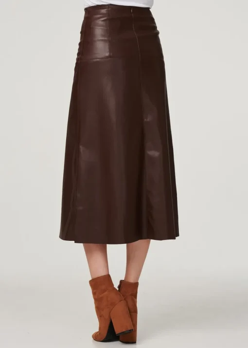 Izabel London Brown Faux Leather High Waist Midi Skirt
