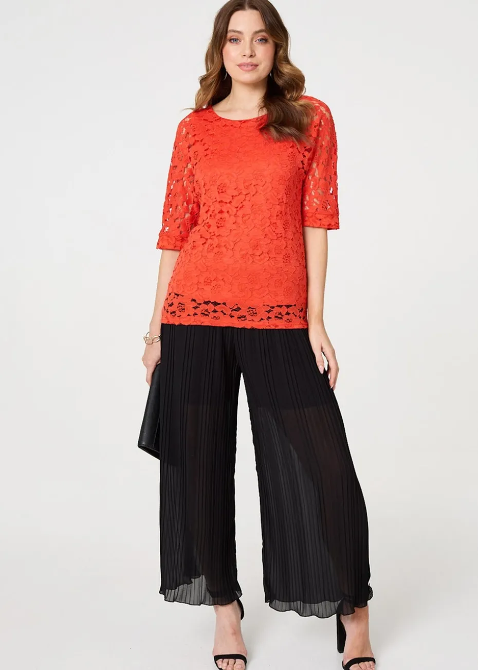 Izabel London Coral Floral Lace 3/4 Sleeve Relaxed Blouse