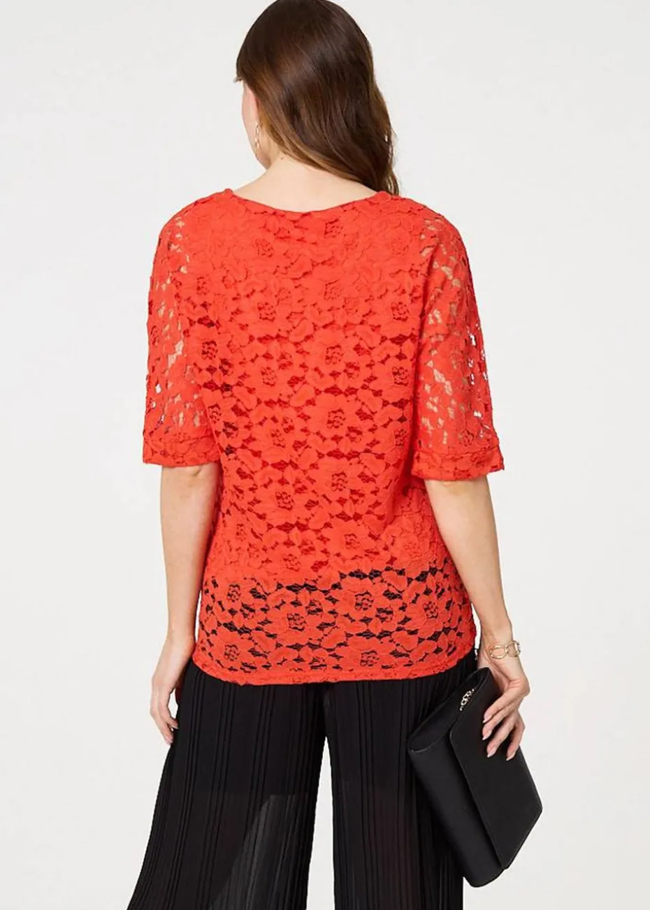 Izabel London Coral Floral Lace 3/4 Sleeve Relaxed Blouse