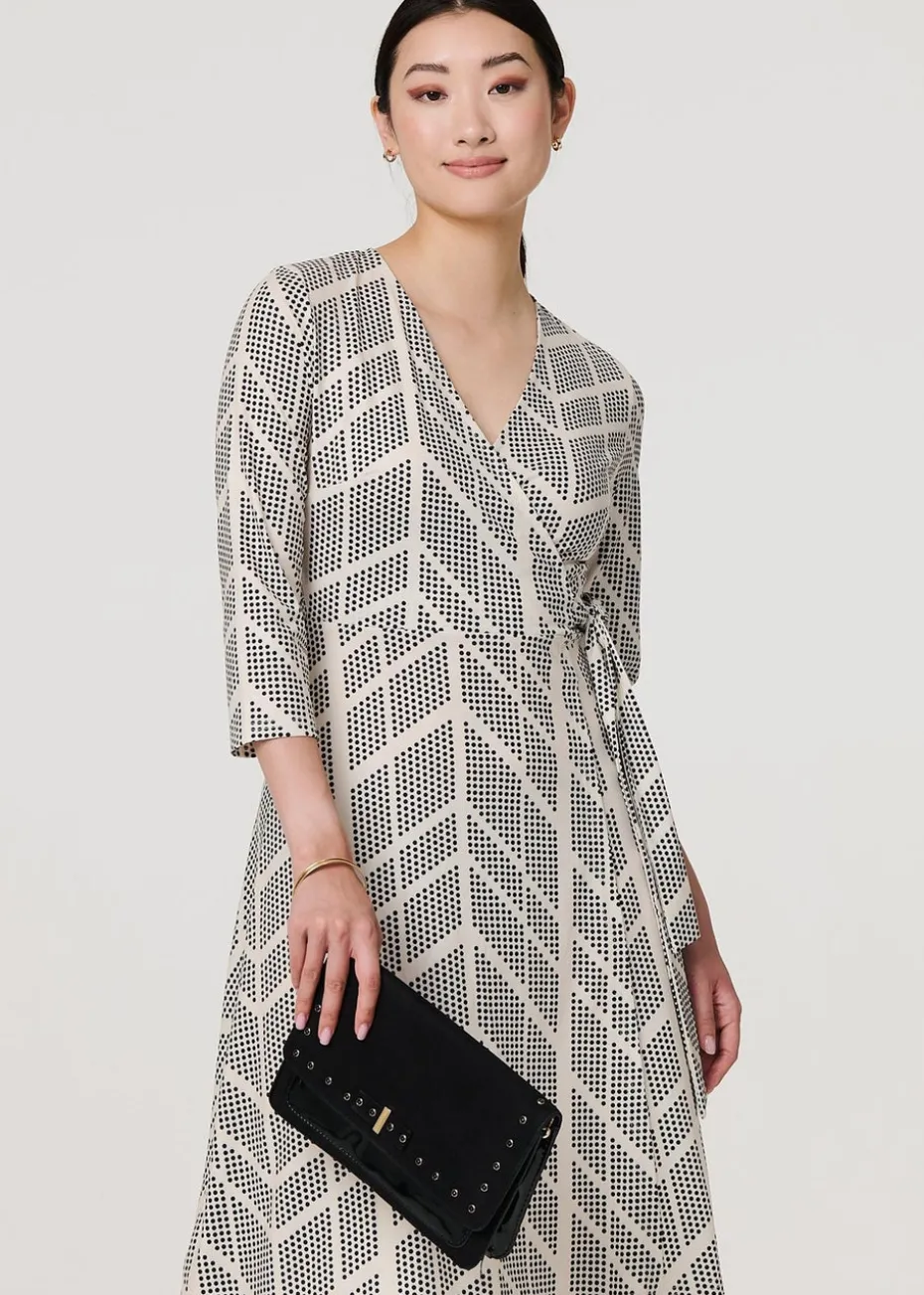 Izabel London Cream Printed Knee Length Wrap Dress