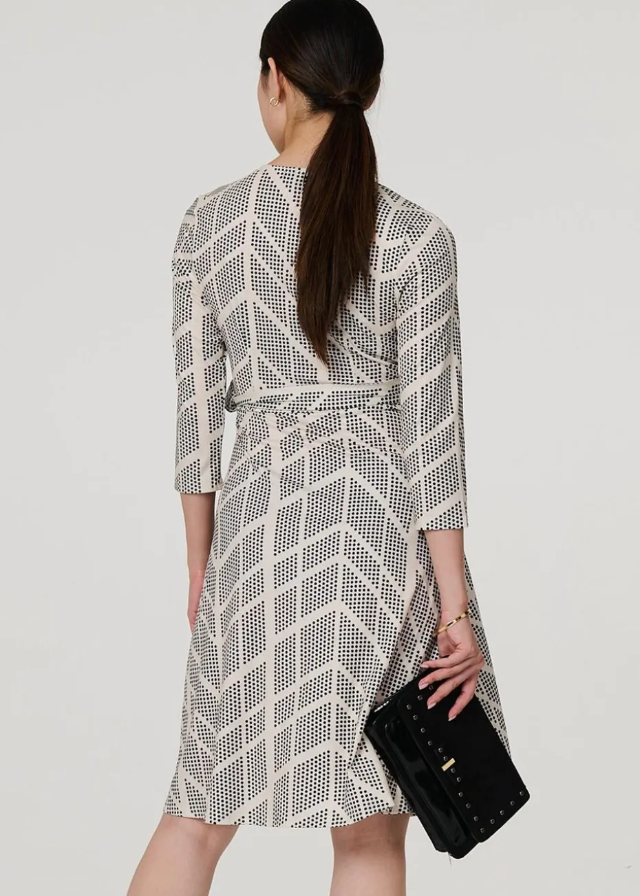 Izabel London Cream Printed Knee Length Wrap Dress