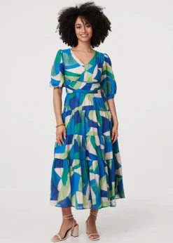 Izabel London Green Abstract Ruched 3/4 Sleeve Midi Dress