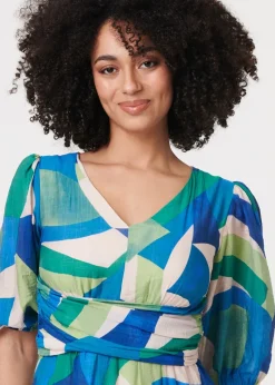 Izabel London Green Abstract Ruched 3/4 Sleeve Midi Dress
