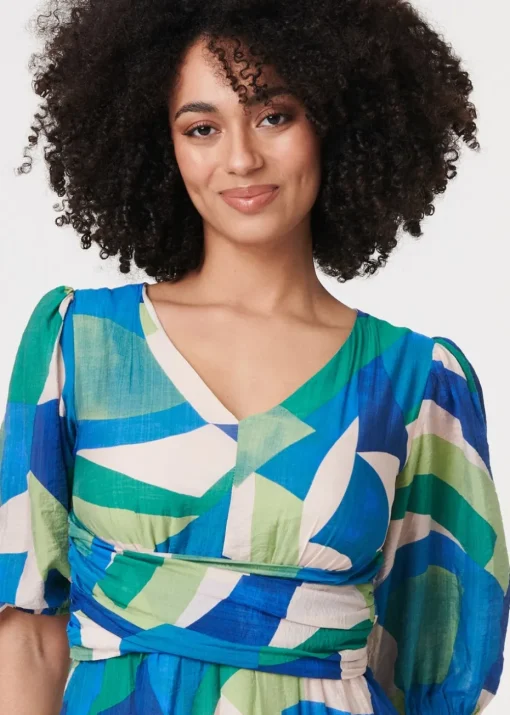 Izabel London Green Abstract Ruched 3/4 Sleeve Midi Dress