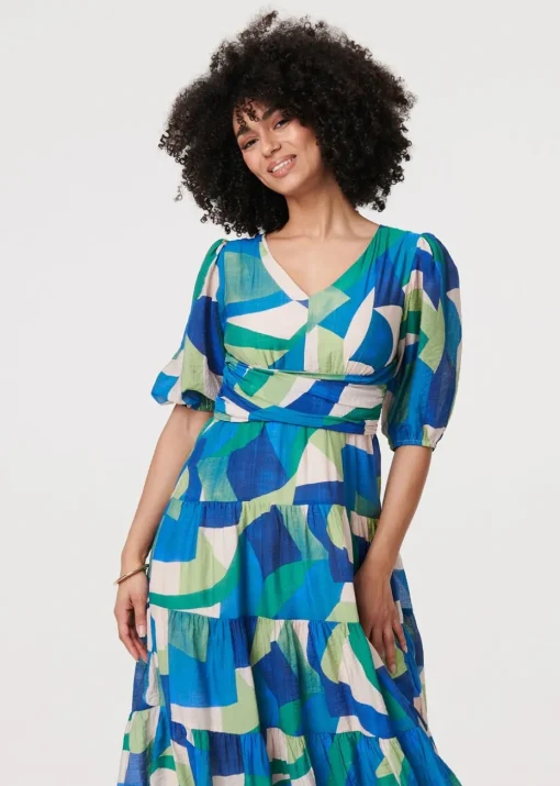 Izabel London Green Abstract Ruched 3/4 Sleeve Midi Dress