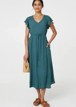 Izabel London Green Angel Sleeve Drawstring Waist Midi Dress