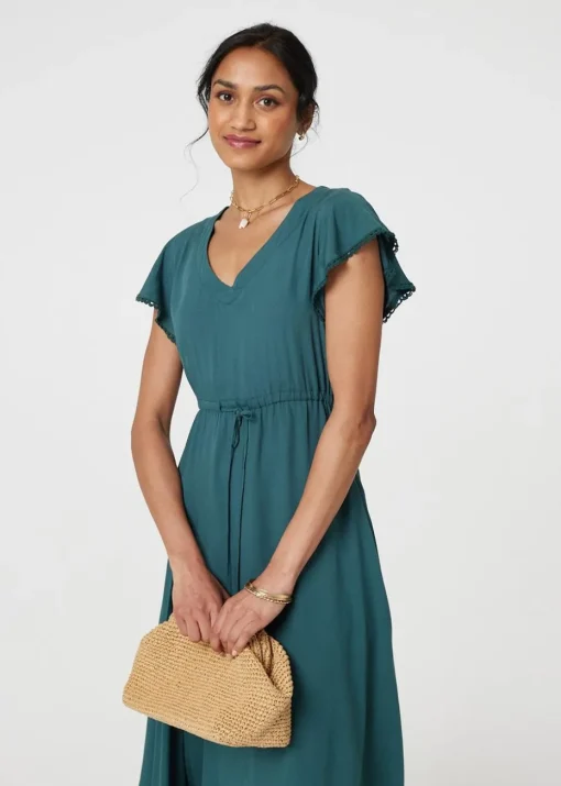 Izabel London Green Angel Sleeve Drawstring Waist Midi Dress