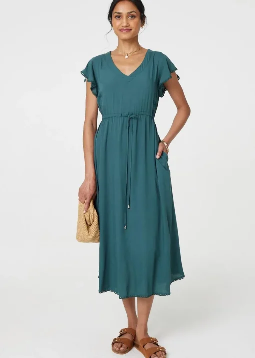 Izabel London Green Angel Sleeve Drawstring Waist Midi Dress