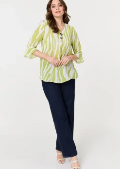 Izabel London Green Animal Print 3/4 Flared Sleeve Blouse