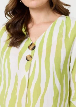 Izabel London Green Animal Print 3/4 Flared Sleeve Blouse