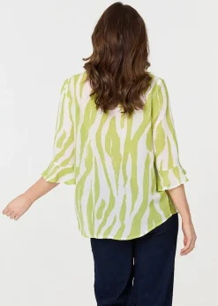 Izabel London Green Animal Print 3/4 Flared Sleeve Blouse
