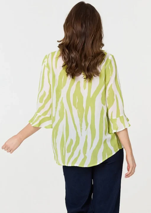 Izabel London Green Animal Print 3/4 Flared Sleeve Blouse