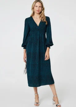 Izabel London Green Animal Print Long Puff Sleeve Midi Dress