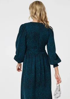 Izabel London Green Animal Print Long Puff Sleeve Midi Dress