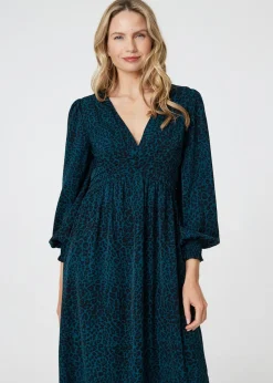 Izabel London Green Animal Print Long Puff Sleeve Midi Dress