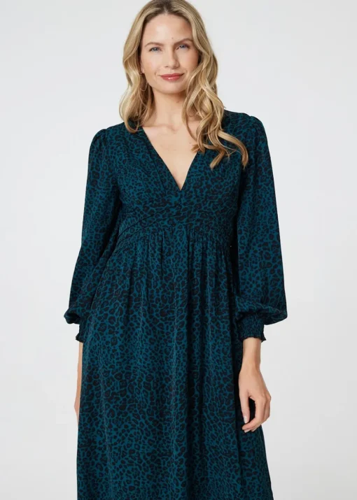 Izabel London Green Animal Print Long Puff Sleeve Midi Dress