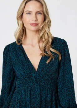 Izabel London Green Animal Print Long Puff Sleeve Midi Dress