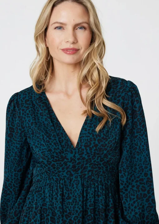Izabel London Green Animal Print Long Puff Sleeve Midi Dress