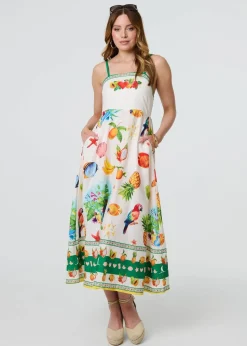 Izabel London Green Border Print Cami Strap Midi Dress