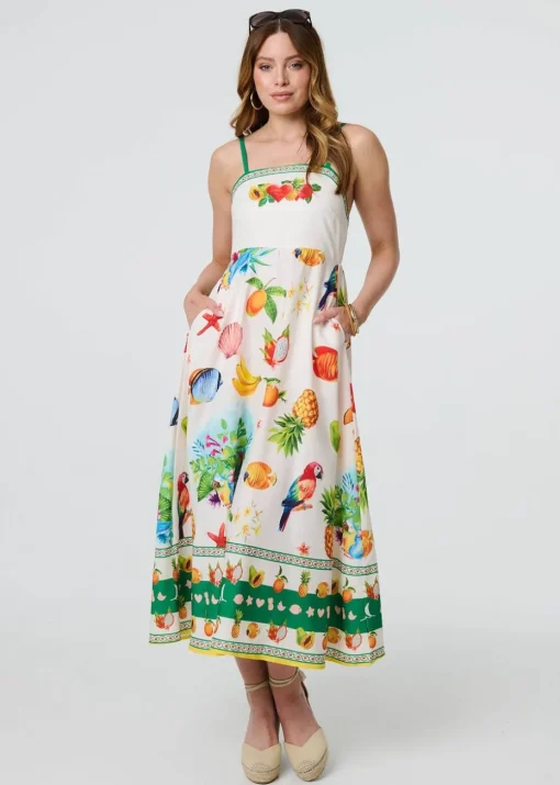 Izabel London Green Border Print Cami Strap Midi Dress