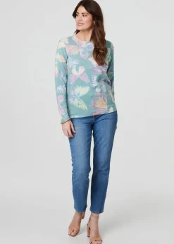 Izabel London Green Butterfly Print Diamante Detail Knit Top