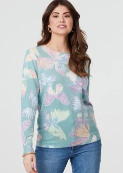 Izabel London Green Butterfly Print Diamante Detail Knit Top