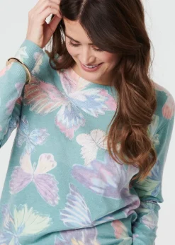 Izabel London Green Butterfly Print Diamante Detail Knit Top