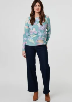 Izabel London Green Butterfly Print Diamante Detail Knit Top