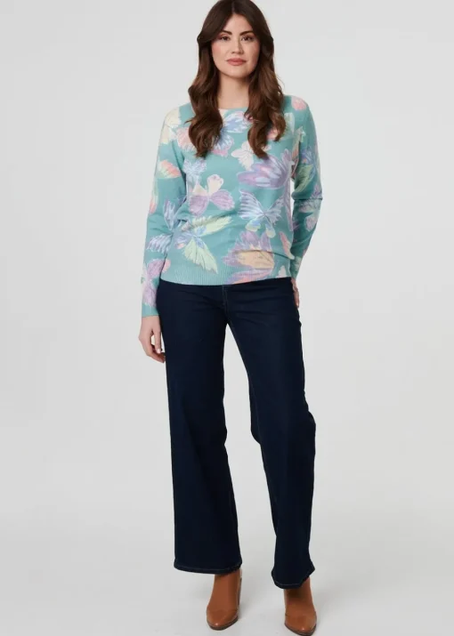 Izabel London Green Butterfly Print Diamante Detail Knit Top
