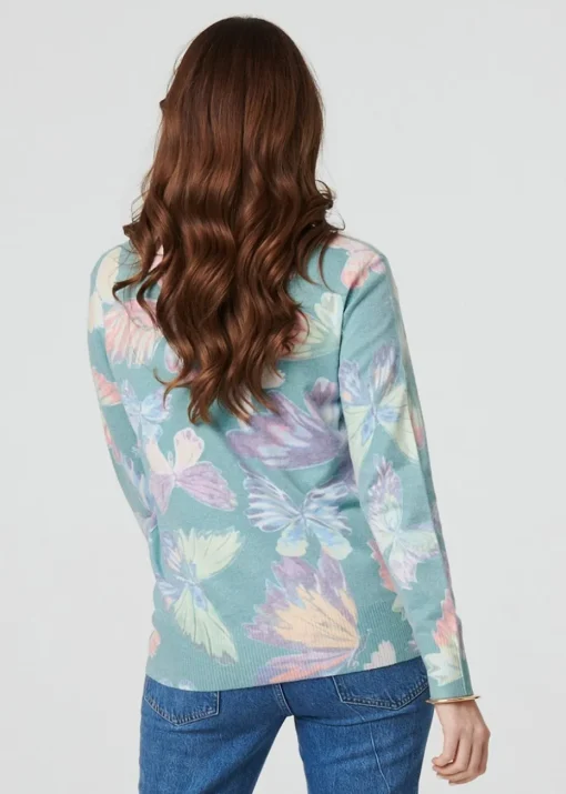 Izabel London Green Butterfly Print Diamante Detail Knit Top