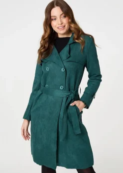 Izabel London Green Faux Suede Button Front Trench Coat
