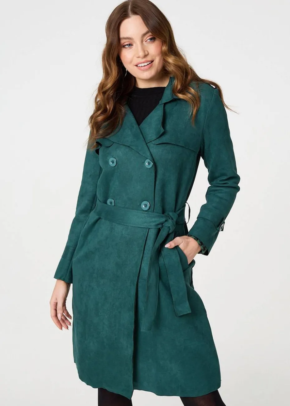 Izabel London Green Faux Suede Button Front Trench Coat