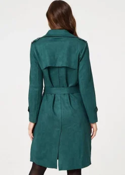 Izabel London Green Faux Suede Button Front Trench Coat
