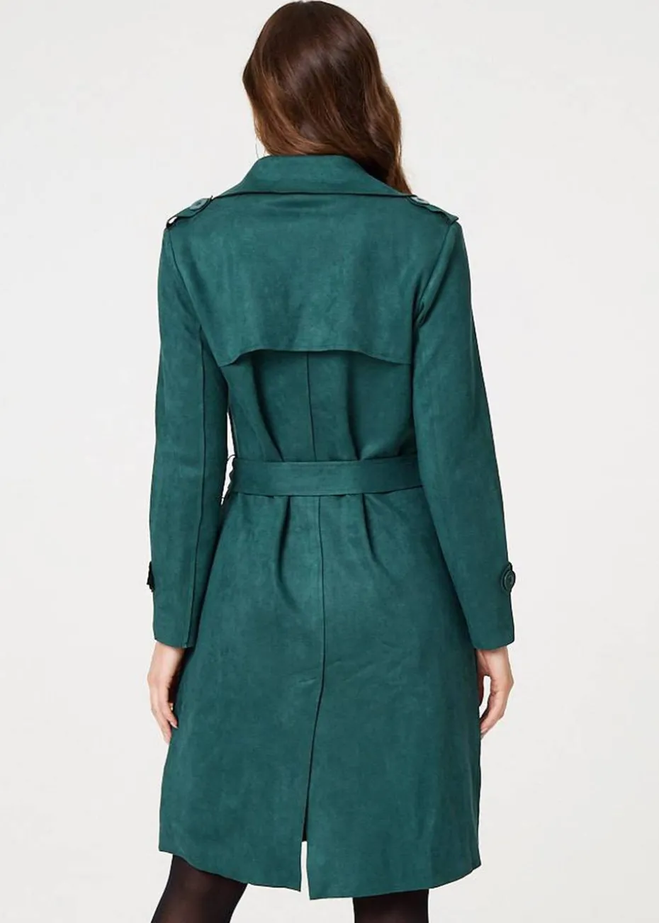 Izabel London Green Faux Suede Button Front Trench Coat