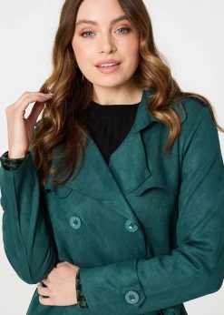 Izabel London Green Faux Suede Button Front Trench Coat