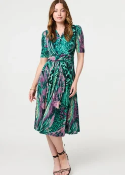 Izabel London Green Feather Print Wrap Midi Dress