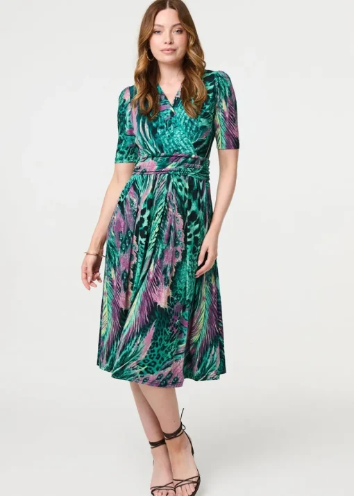 Izabel London Green Feather Print Wrap Midi Dress