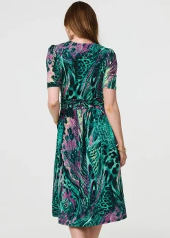 Izabel London Green Feather Print Wrap Midi Dress