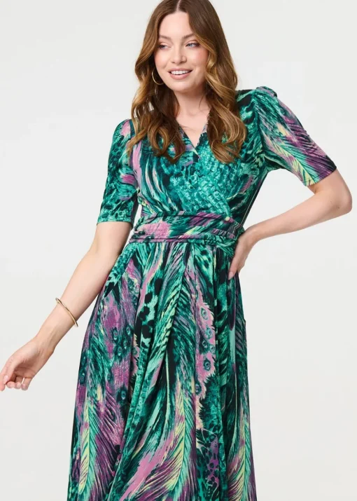 Izabel London Green Feather Print Wrap Midi Dress