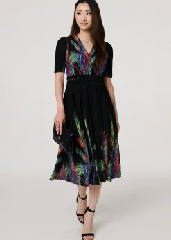 Izabel London Green Feather Print Faux Wrap Front Midi Dress