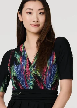 Izabel London Green Feather Print Faux Wrap Front Midi Dress