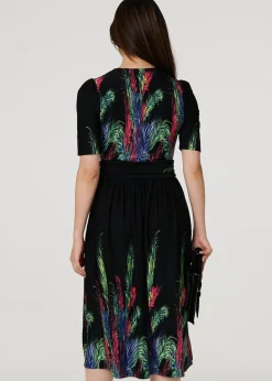 Izabel London Green Feather Print Faux Wrap Front Midi Dress
