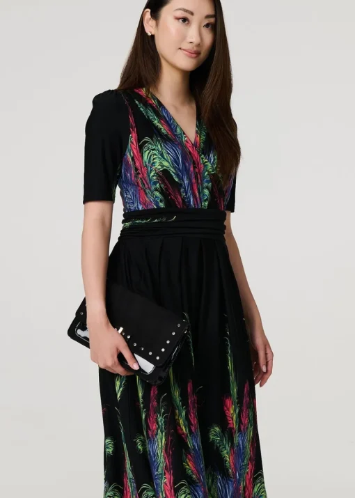 Izabel London Green Feather Print Faux Wrap Front Midi Dress