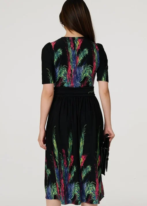 Izabel London Green Feather Print Faux Wrap Front Midi Dress
